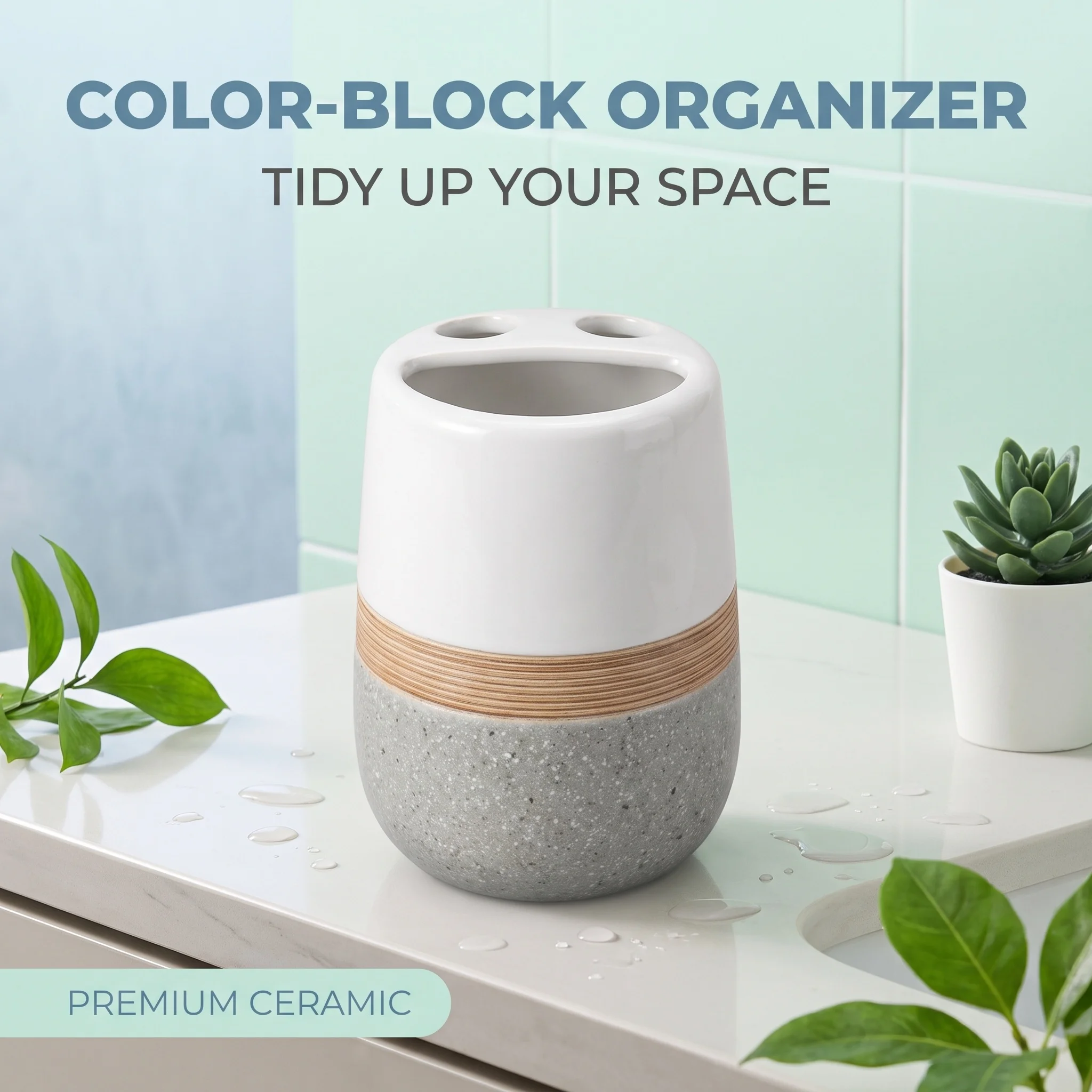 Color Block Ceramic Toothbrush Holder Faux Wood Stripe Bathroom Toothpaste Storage Organizer for Vanity Countertop