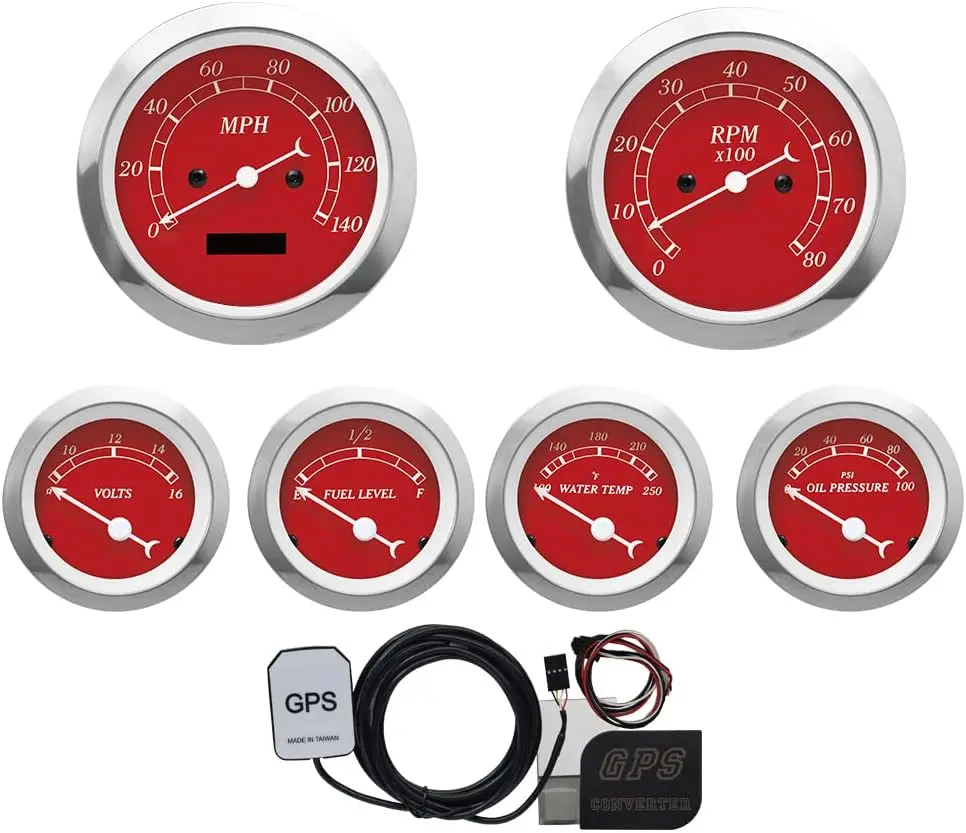 MOTOR METER RACING Classic 6 Gauge Set with GPS Electrical Speedometer Digital Odometer Red Dial White Needle Light Bulb