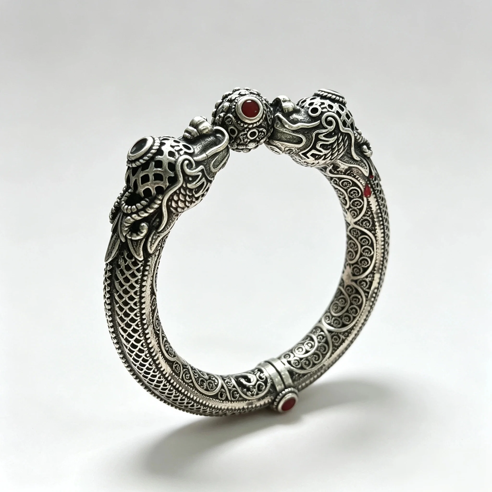 Vintage Tibetan Silver Double Dragon Bangle Bracelet Red Stone Inlay Ethnic Retro Hollow Carved Open Cuff Bracelet for Men Women