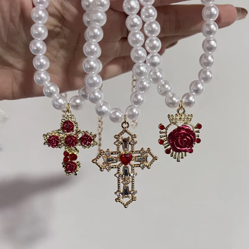 Vintage Red Rose Baroque Cross Pearl Pendant Necklace for Women's Palace Aesthetic Jewelry