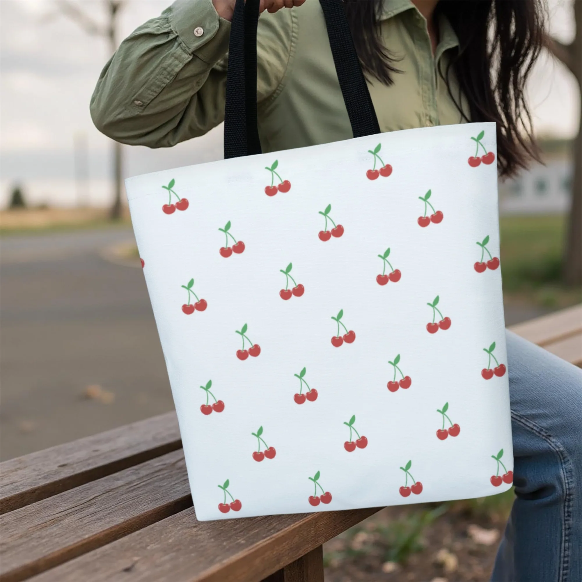 حقيبة يد قماشية كورية من Sweet Fruit Trend للنساء حقيبة يد عصرية قابلة لإعادة الاستخدام بطباعة الكرز الأبيض مثالية للتنقل اليومي كاواي #3