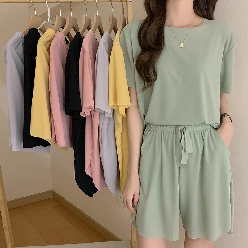 

Solid Color O-Neck Ice Silk Pajamas For Women Summer Comfortable Short Sleeved Tops+Shorts Loose Casual Home Wear Two-Piece Set