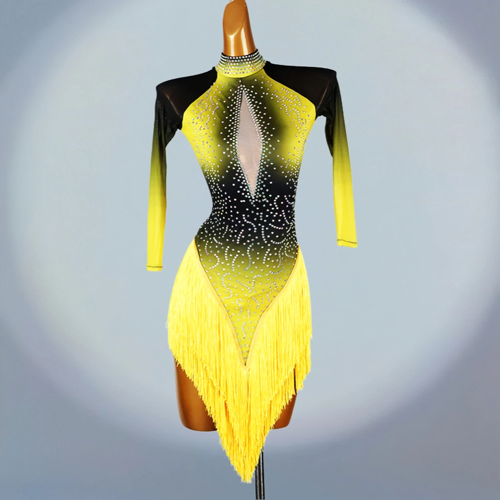 فستان مسابقة الرقص اللاتيني الجديد بأكمام طويلة، ملابس شرابة سامبا بياقة عالية، فستان رقص نسائي أصفر