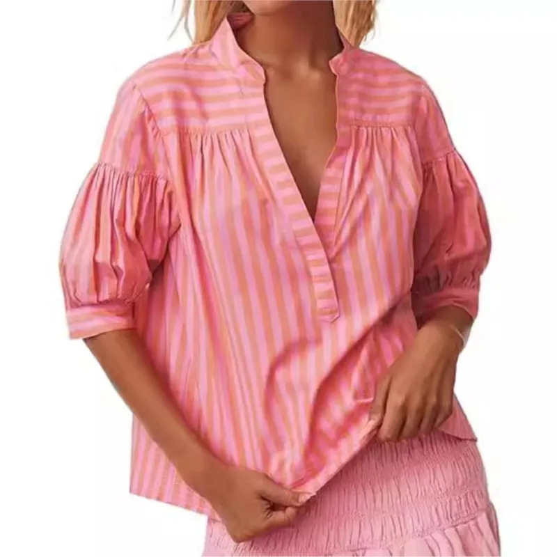 

Summer Women's Shirt 2025 New Style Pullover Casual Stripe Splicing Folding Folding Opening Tube V-neck Bubble Sleeve Loose Top