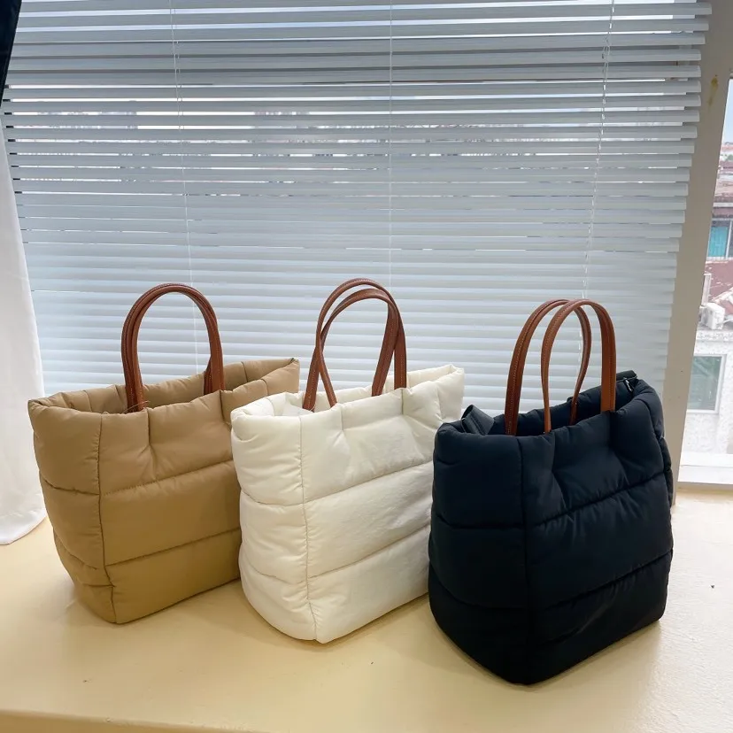 

Korean Casual Puffer Tote Bags For Women Luxury Designer Handbag Purse 2025 New In Polyester Embroidery Square Underarm Shoulder