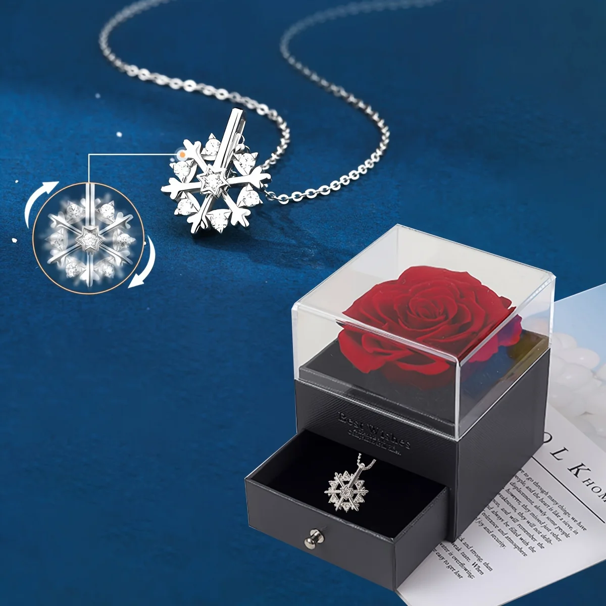 Creative Rotatable Snowflake Necklace Luxurious Rose Gift Box Fashion Jewelry For Girlfriend Christmas Valentine Romantic Gifts