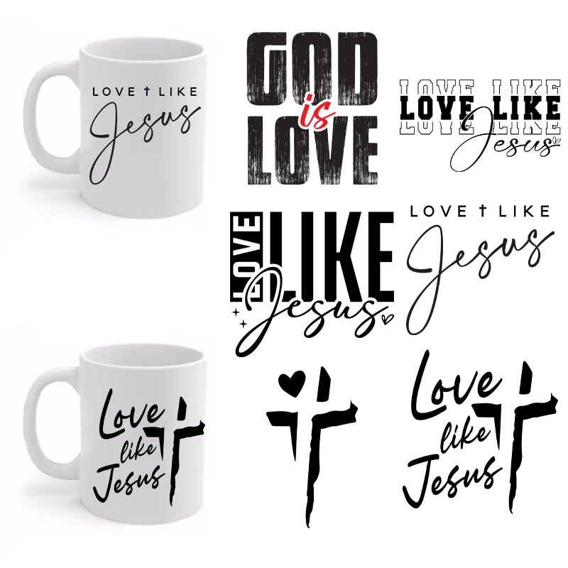 6 adet 3D UV DTF Aşk Mesih Siyah Mektup Transferi Etiket Sarar Fincan Moda Su Geçirmez Dayanıklı Çıkartmaları DIY İsa Tanrı Bilgisayar