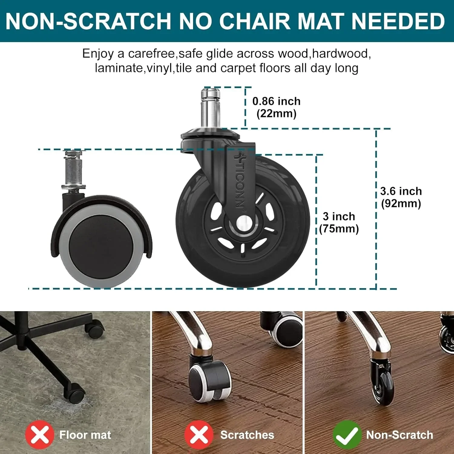 5pcs Office Chair Wheels Replacement Desk 3inch Mute Swivel Caster For Heavy Furniture Universal Polyurethane Rubber Caster