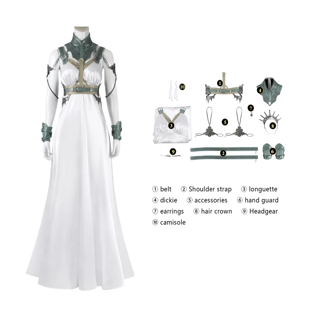 FF7 Gold Disc Actress Role Playing Costume High Quality Sexy White Long Skirt and Accessories Halloween Makeup Ball Long Skirt