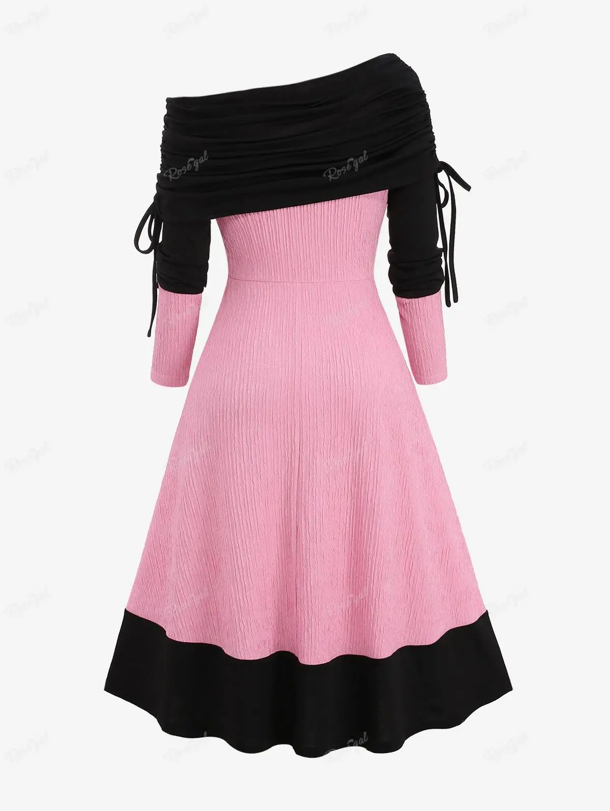 ROSEGAL Plus Size Patchwork Textured Sweater Dress Light Pink Women Autumn Long Sleeves Cowl Neck Lace Up Ruched Dresses Vestido