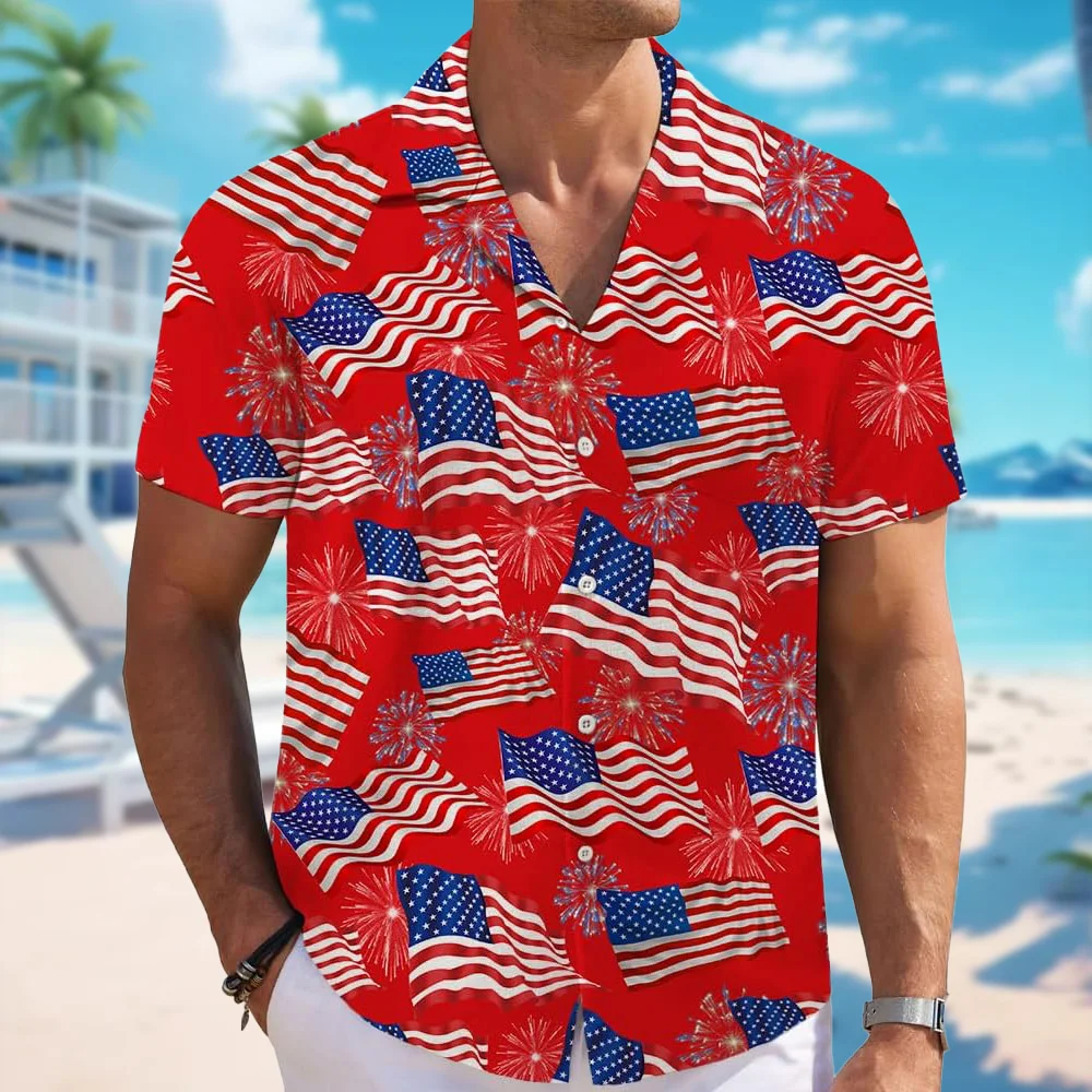 

Men's Fun Hawaiian Shirts 3D United States Flag Pattern Button Short Sleeve Tropical Holiday Beach Shirt
