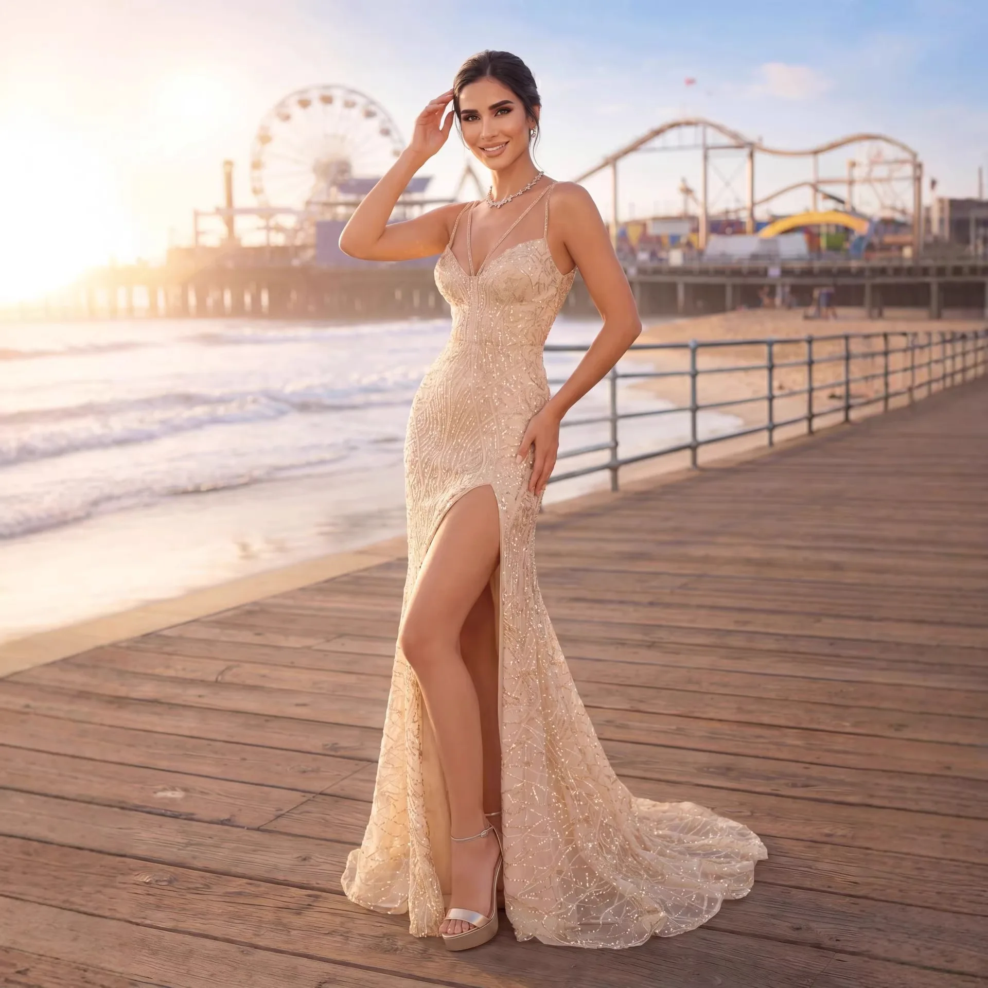 Sexy V Neck Sleeveless Dress Sequins Backless Floor Length Split Evening Dresses Jumpsuit Playsuit Spring Summer