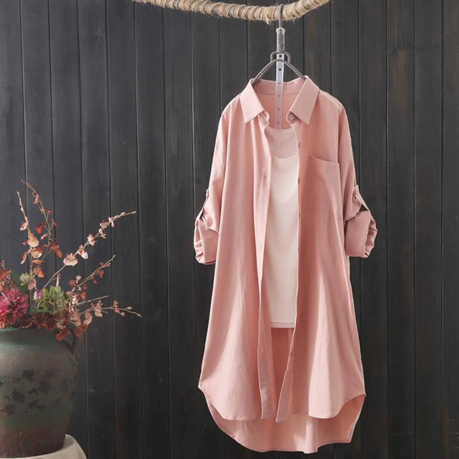 Women'S Casual Fashion Mid-Length Shirt Solid Color Lapel Loose Button Cardigan Thin Shirt Top Suitable For Spring And Autumn