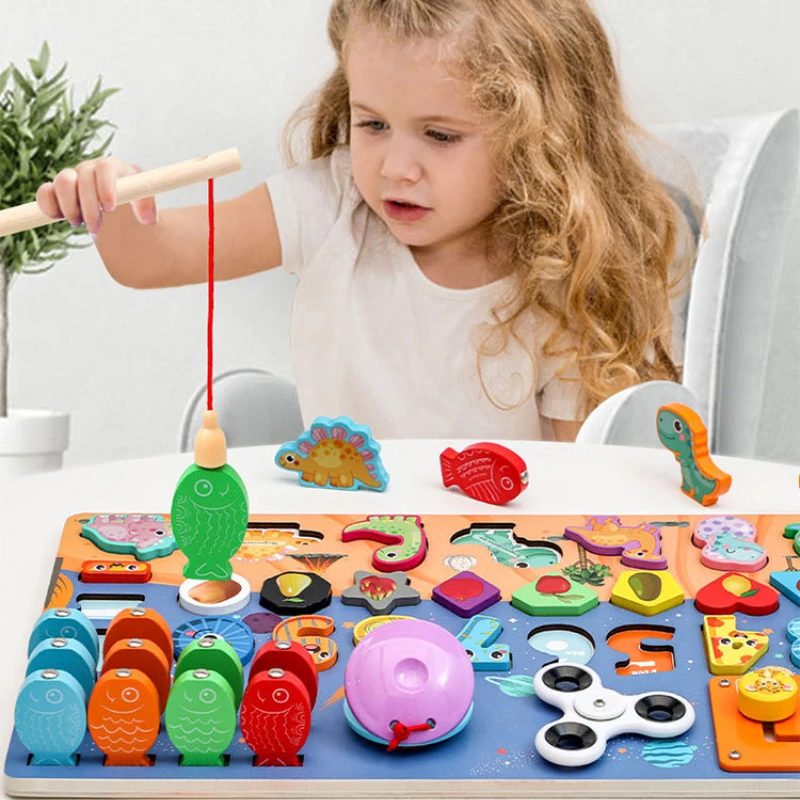 Montessori Multi-function Wooden Grab Board Toy Jigsaw Puzzle Infant Education Toy Cartoon Car Animal Fruit Toy Matching Puzzle