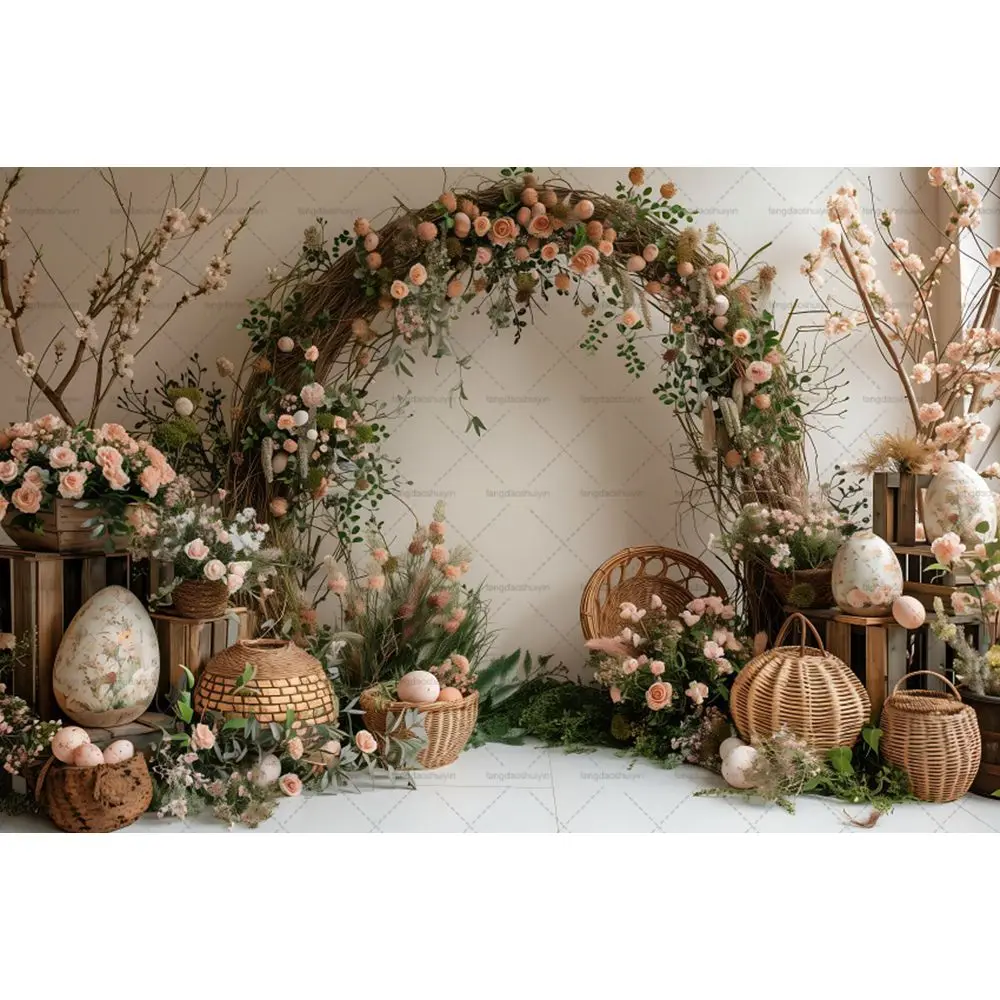 Spring Easter Photography Background Boho Flower Arch Door Bunny Colorful Eggs Rabbit Kids Birthday Decor Backdrop Photobooth