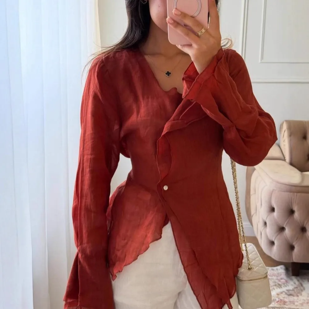 

Casual Cotton Shirts Simple Solid Colors Fashionable Loose Commuting Style Summer Tops Irregular V-neck Long-sleeved Shirts