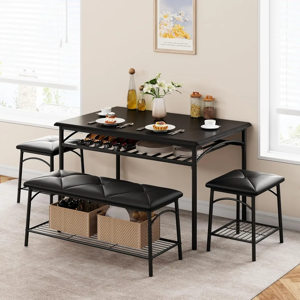 Dining Table with Benches, Kitchen Table Set for 4, Dining Room Table Set with Upholstered Bench and Square Stools