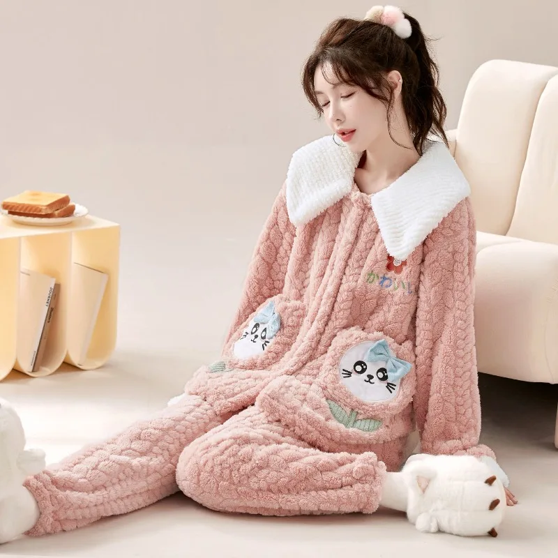 Women's Loungewear Pajama Set Loose Large Size Outside Wear Plush Thickened Flannel Sweet Cute Girls Coral Fleece Sleepwear Suit