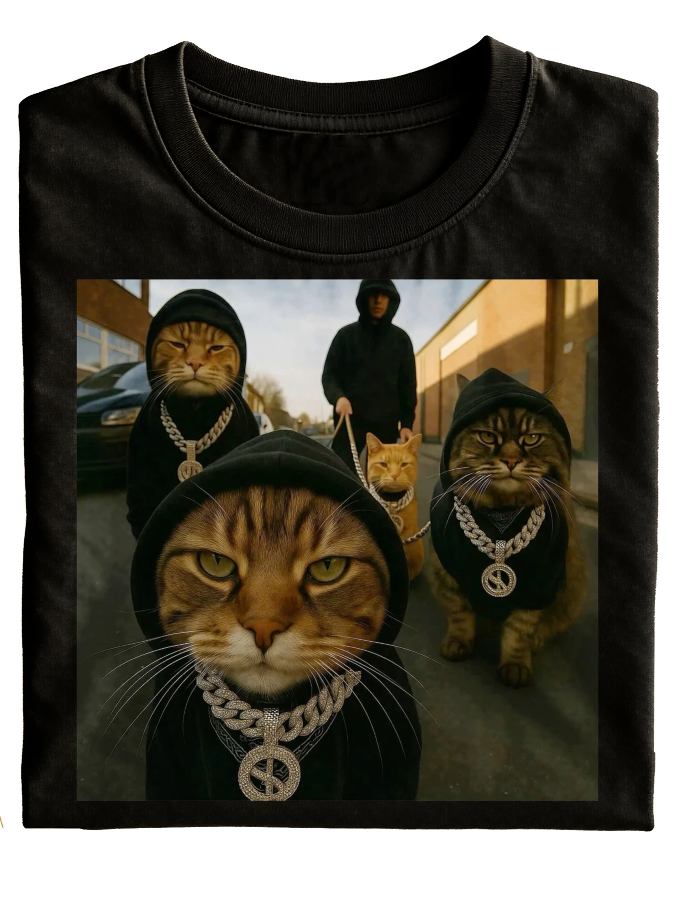 Humorous Feline Gangster Hoodie Featuring Cats Adorned with Chains And Dollar Signs, Printed on a Black Crewneck T-Shirt. Ideal Casual Streetwear for Both Men And Women, Plus Size