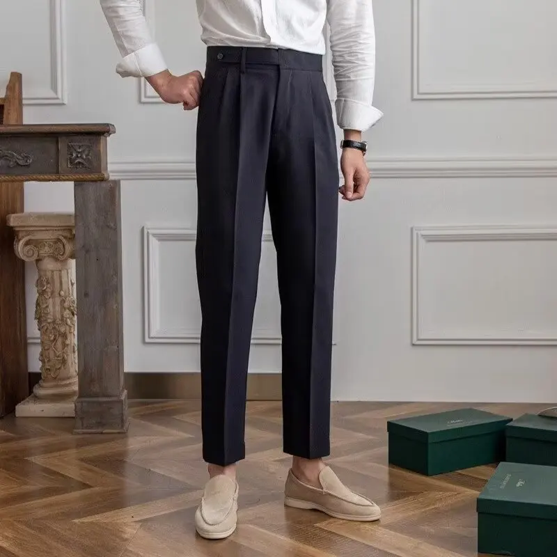 

High-Waisted Suit Pants Men Autumn Business Straight Leg Paris Button Casual Pants Sag Free Ironing All Match Naples Dress Pants