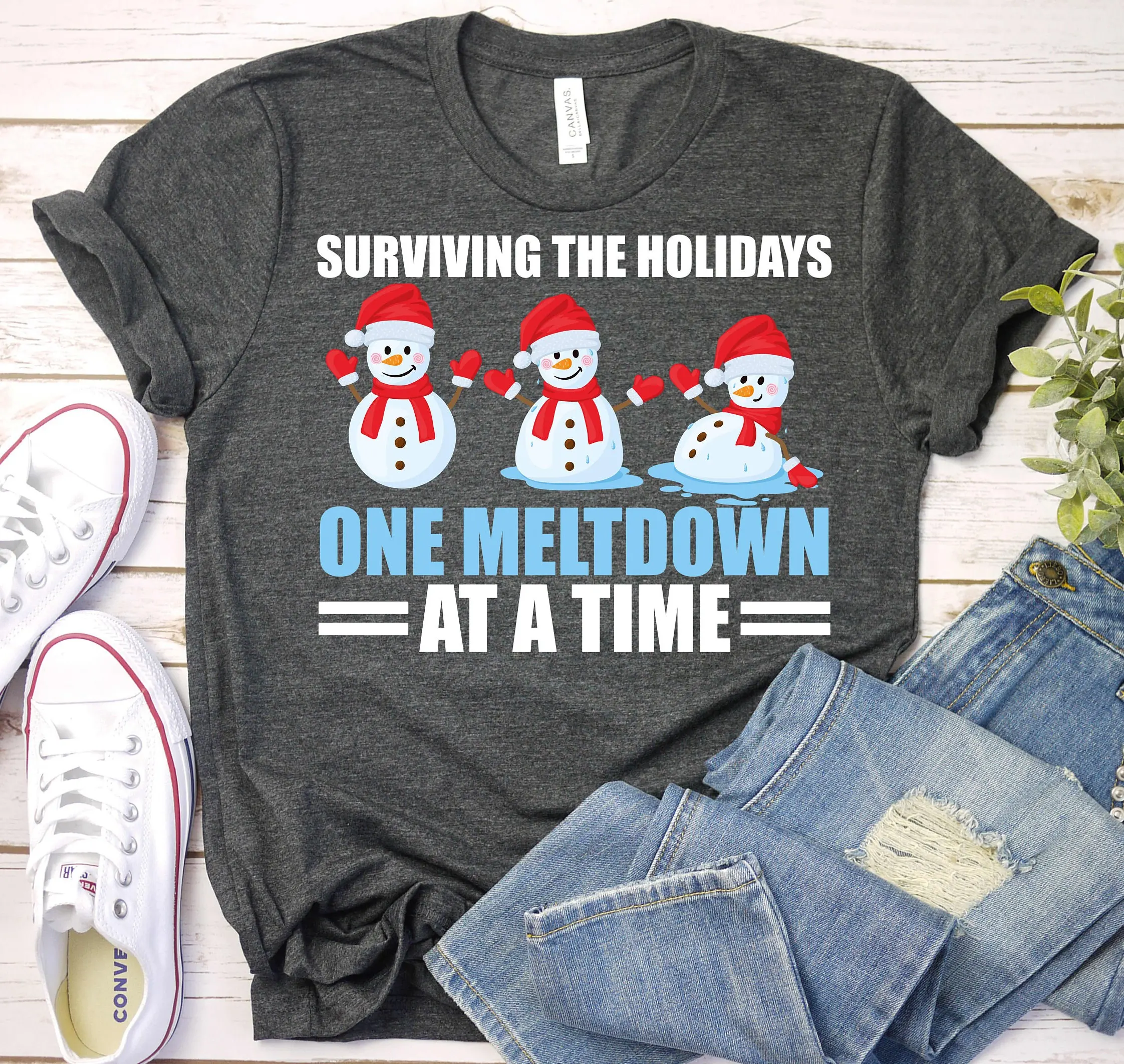 Surviving The Holidays One Meltdown At A Time Funny Christmas T Shirt Snowmen Sarcastic Happy Holiday Sassy