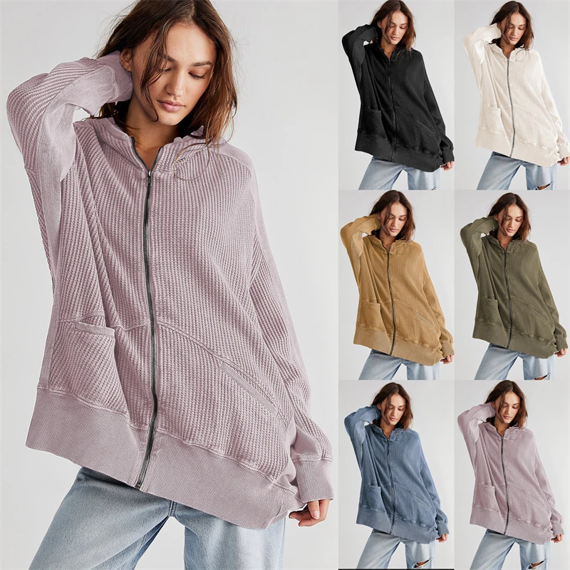 Spring And Autumn Europe America Cardigan Zipper Sweater Outer Women's Hoodie 6 Colors Casual Medium Long Loose Sweater 2024