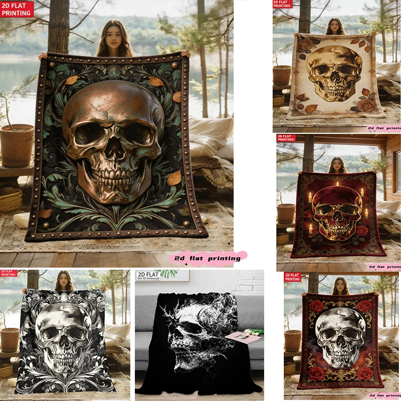 Vintage Gothic Skull Throw Blanket  Antique Metallic Skull Floral Ornate Dark‑Art Graphic Blanket for Couch Bedroom Decoration