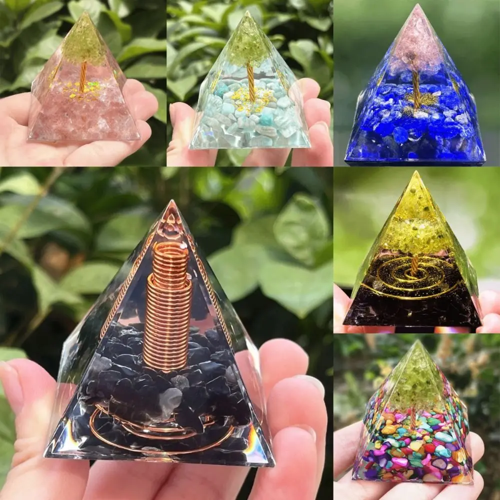 Crystal Stone Orgone Pyramid Peridot Spiritual Crystal Stone Pyramid Resin Ornament Reiki Yoga Meditation Statue Room Decor
