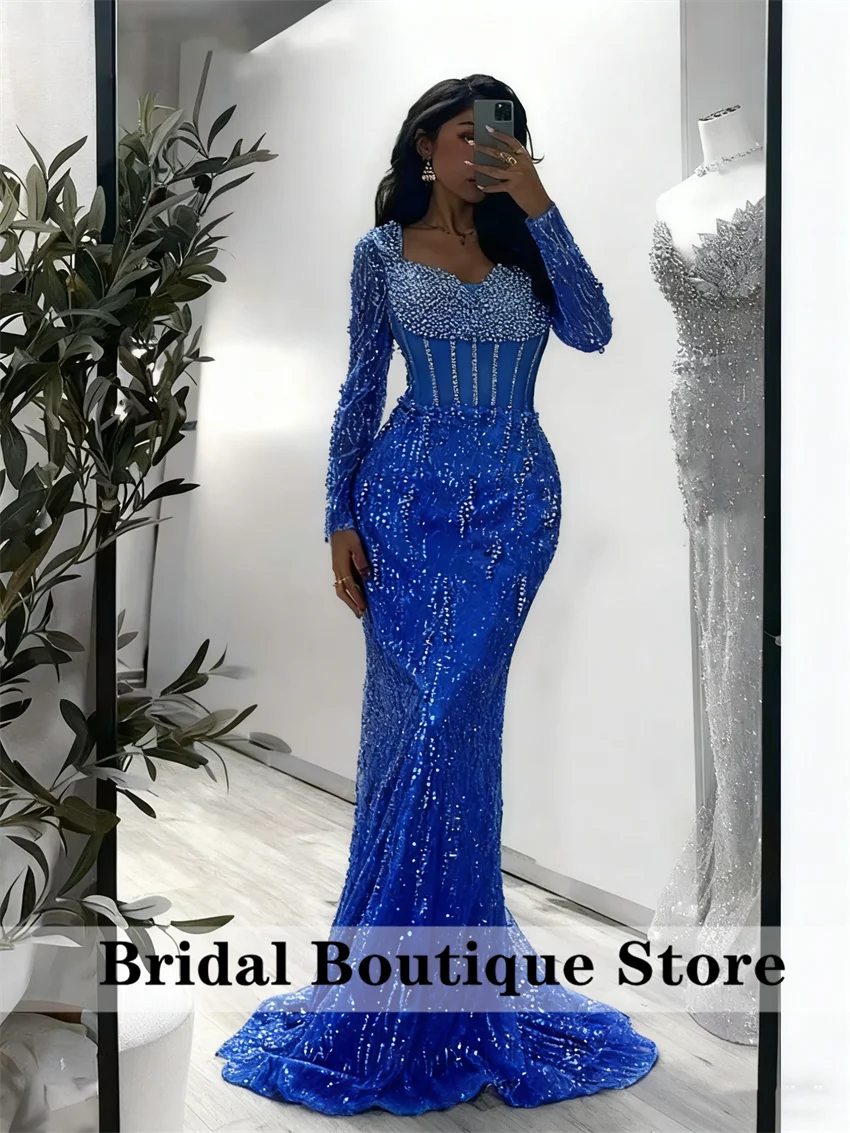 Shining Blue ดูไบชุดราตรี 2025 ประดับด้วยลูกปัดคริสตัลงานแต่งงานชุดสําหรับโอกาสพิเศษ Vestidos ที่กําหนดเอง