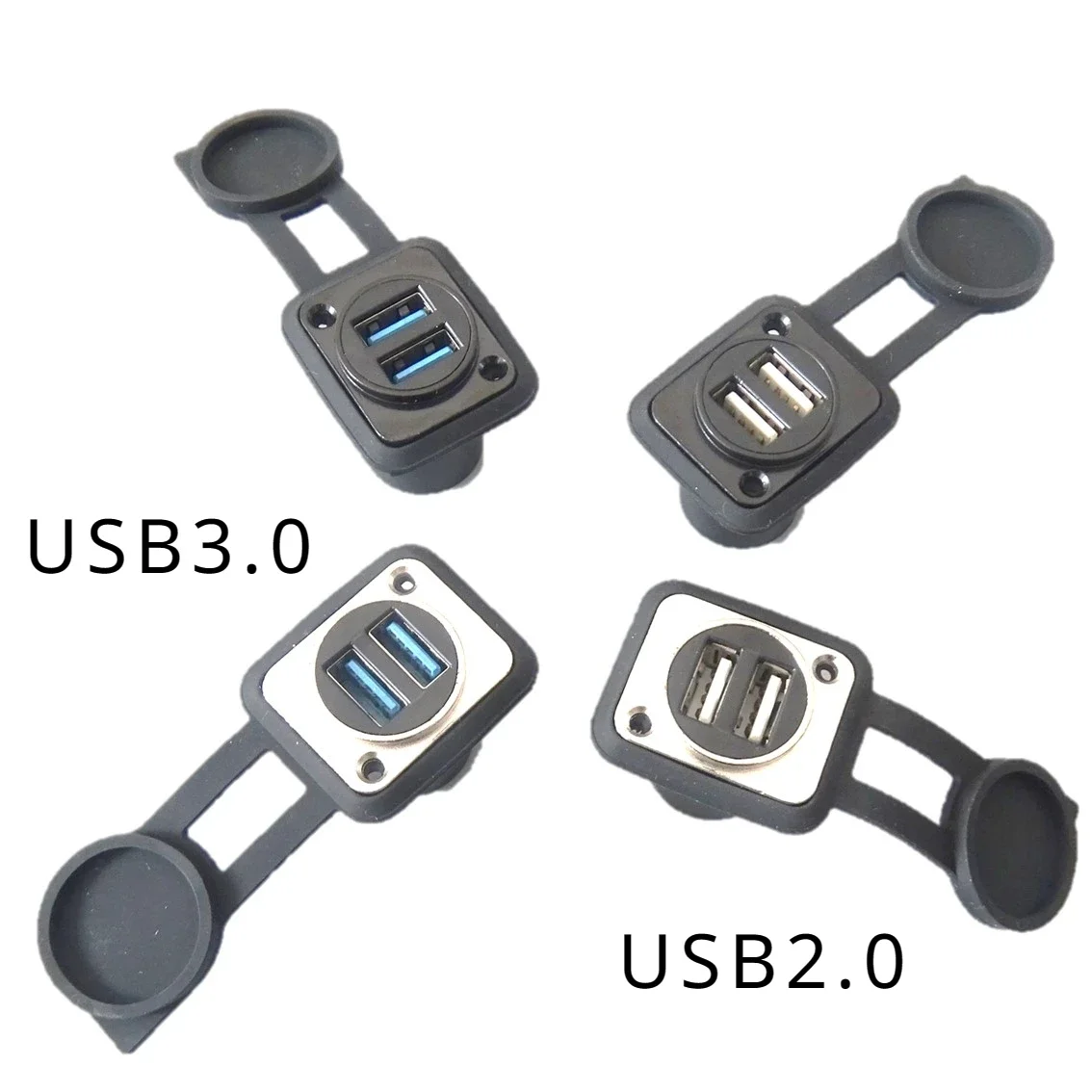 2-hole USB 3.0-2.0 waterproof straight butt joint with screw fixed panel adapter connector module in black and silver colors