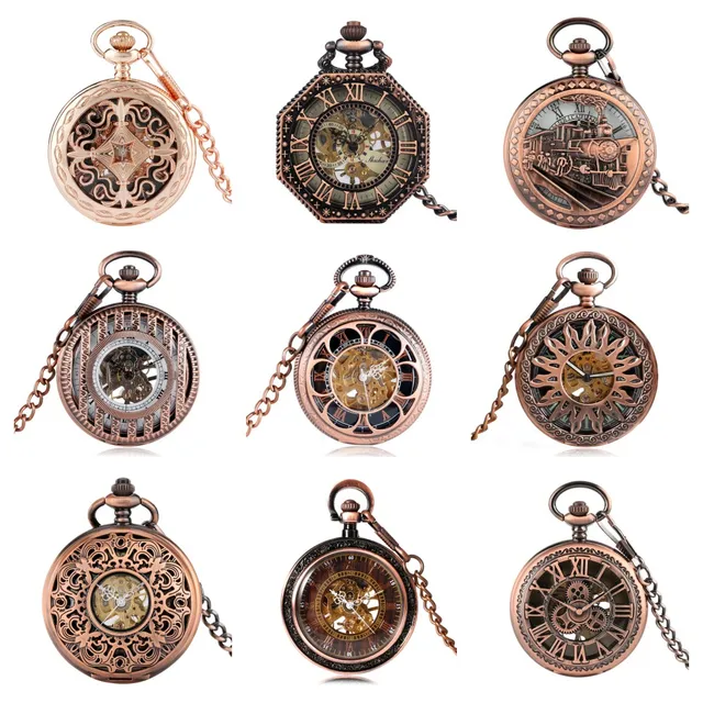 Vintage mechaniczne zegarki kieszonkowe ręczne nakręcanie/automatyczny mechaniczny kieszonkowy łańcuszek z wisiorem czerwona miedź zegarek zegar na prezent mężczyzn