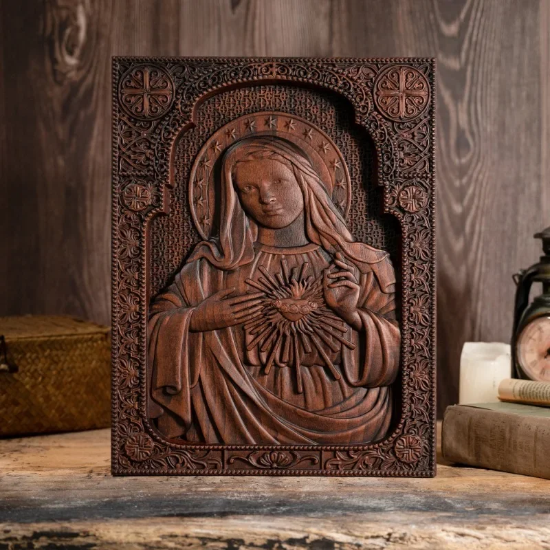 Religious Church Virgin Mary Sacred Heart Wood Sculpture, Catholic Saint Image Home Decoration