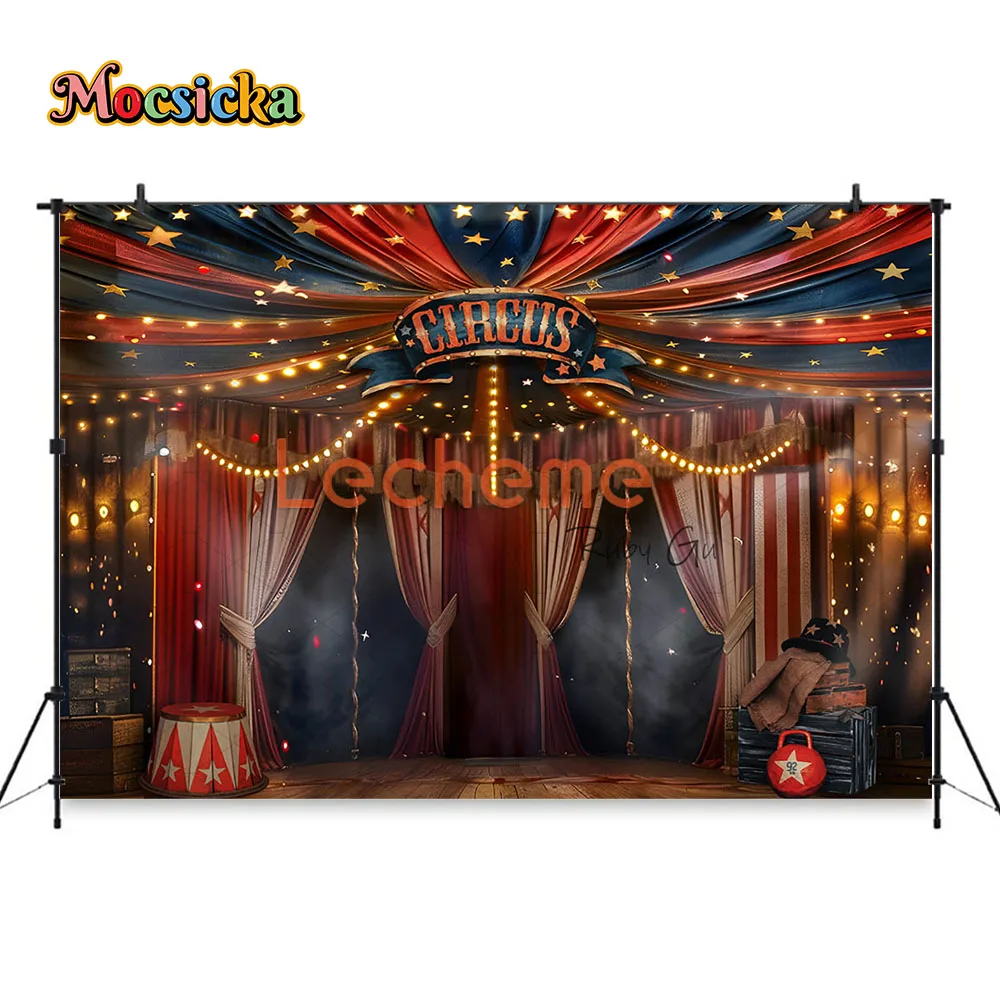 Mocsicka Zirkus-Themen-Fest-Fotografie-Hintergrund, glitzernde Lichter, roter Zelt-Hintergrund, Kindergeburtstag, Party, Kuchen zerschlagen, Fotostudio