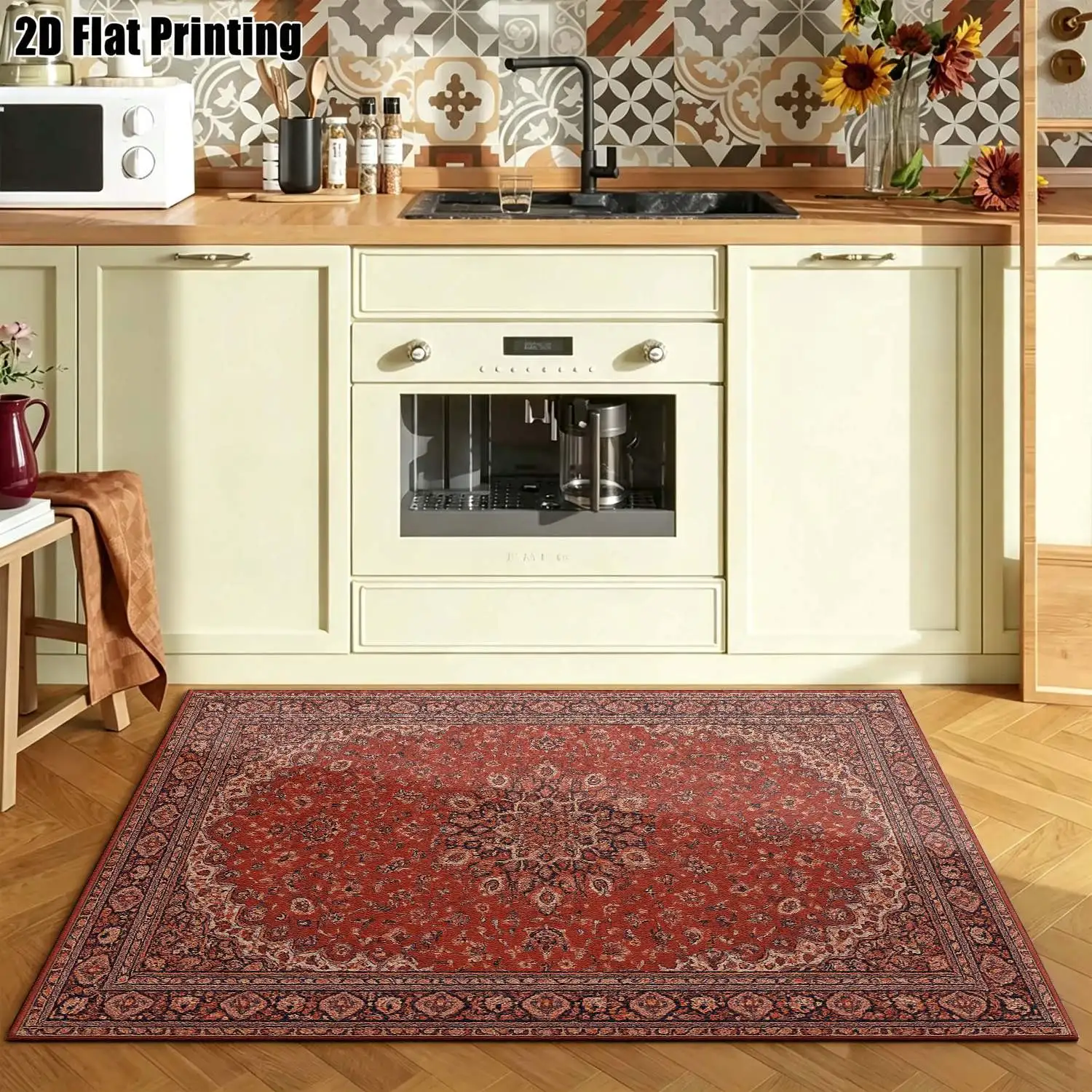 1Pc 2D Printed Red Persian Vintage Geometric Patterned Carpet, Machine Washable, Multi-Size, for Entrance/Dining Room/Foyer/Bedroom/Living Room Home Decor