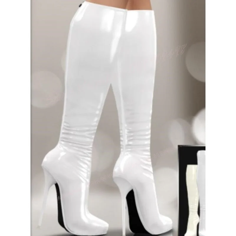 

White Patent Leather Stilettos Knee High Boots Pointed Toe Shoes for Women High Heels Sexy Lady Shoes 2023 Zapatos Para Mujere