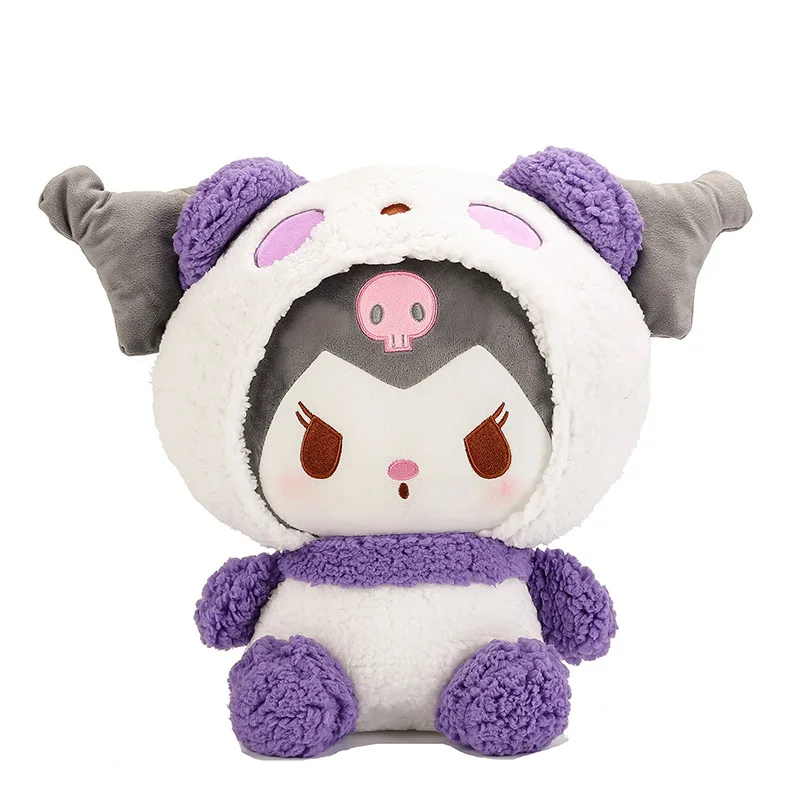 Novo sanrio kuromi se transforma em um panda boneca de pelúcia anime figura dos desenhos animados bonito rosa olá kitty pelúcia brinquedos para crianças presente