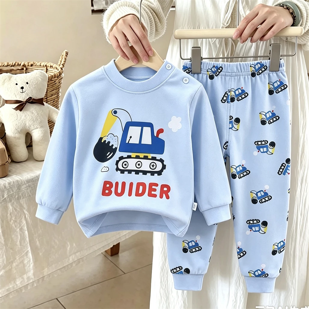 Kids Casual Loose Pajamas Outfits New Design Full Printed Underwear 2026 Child Spring Autumn Costume Pure Cotton Home Clothing