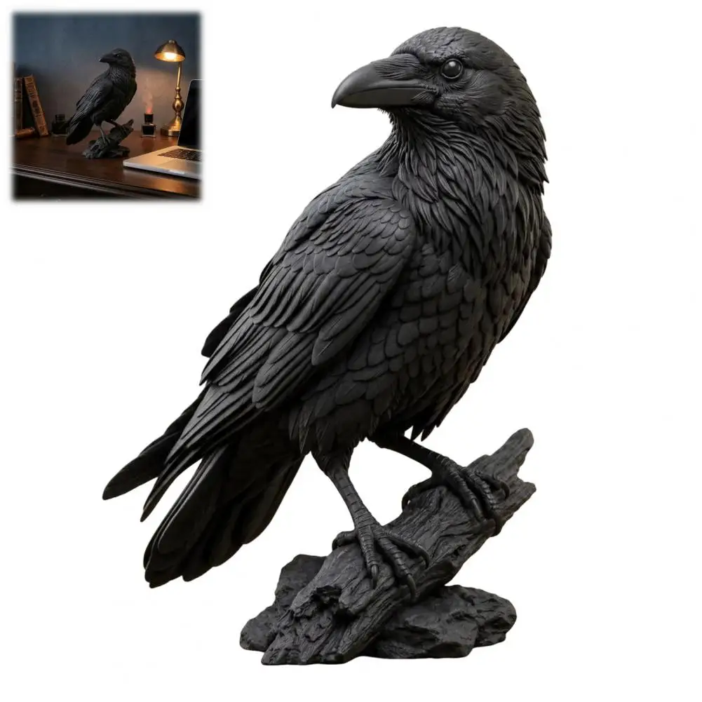 Krähenfigur Realistische Rabenstatue Realistische Schwarze Krähenfigur Harz-Rabenstatue für Halloween Tischdekoration Dunkel Gruselig