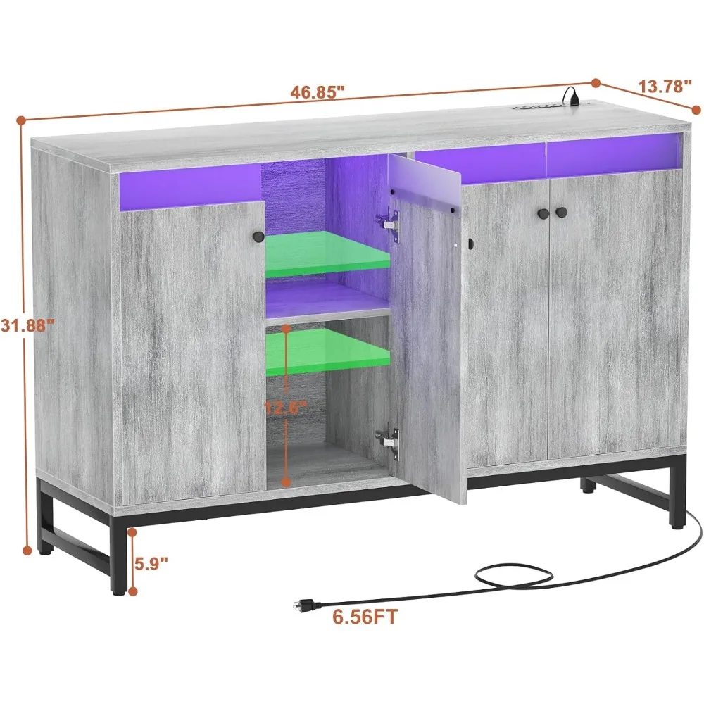 خزانة بوفيه جانبية من Aheaplus مع ضوء LED ومخرج طاقة، وخزانة تخزين المطبخ مع أبواب، وأثاث خزانة مميزة
