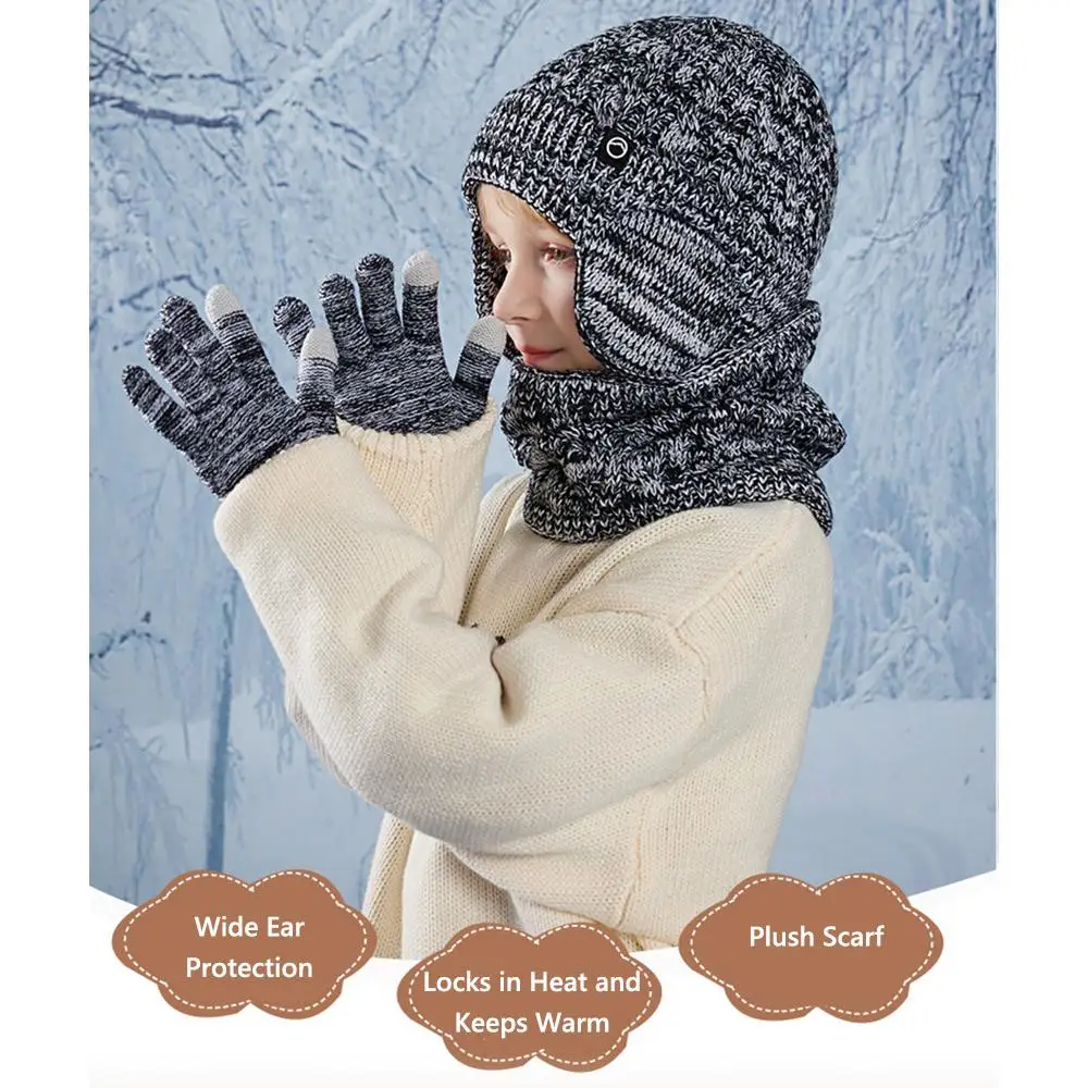 Fleece Lined Children's Hat Neck Scarf Gloves Set Winter Warm Earflap Beanies Thick Ear Protection Skull Caps
