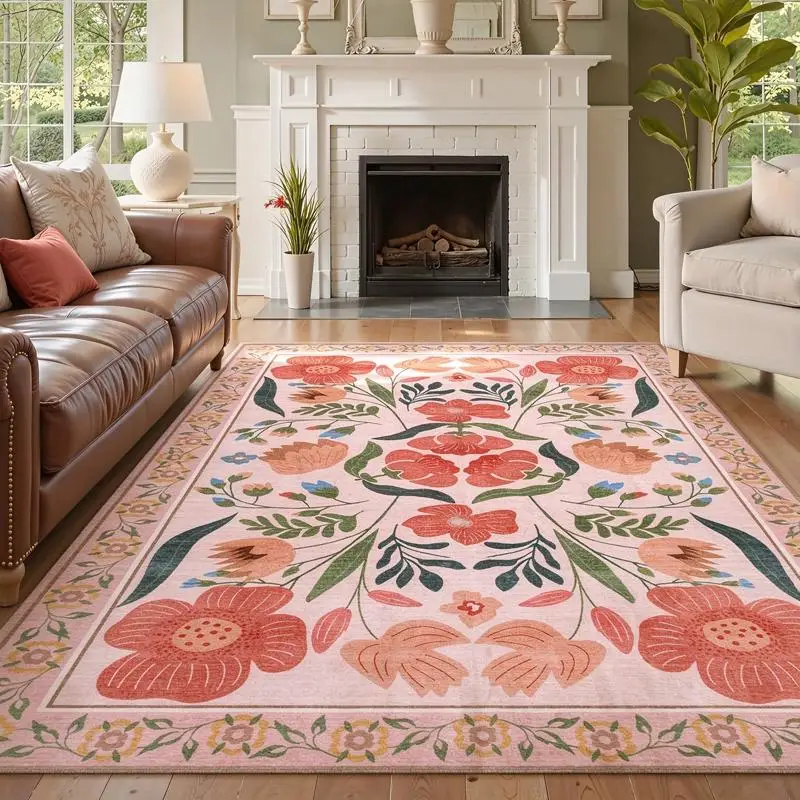 1PC Pink Floral Pattern Area Rug, Maximalist Washable Rug for Bedroom, Living Room, Entryway, Dining Room, Patio Outdoor Door Mat Decor