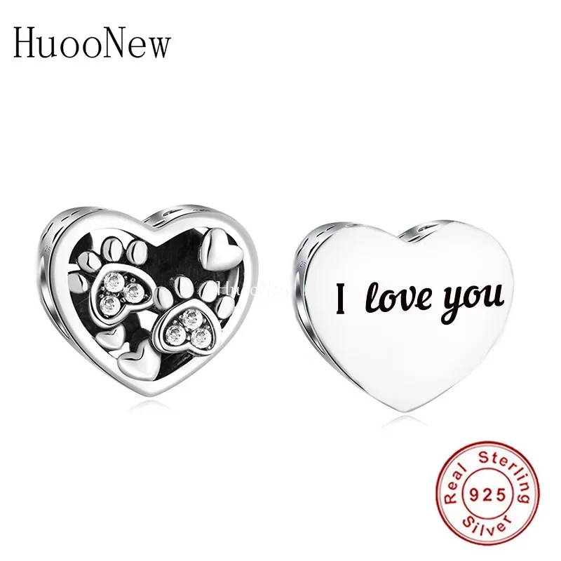 Fit Original Pan Charms Bracelet 100% 925 Silver I Love You Puggy Dog Paw Print Footprint Heart Bead For Women Berloque 2022 DIY