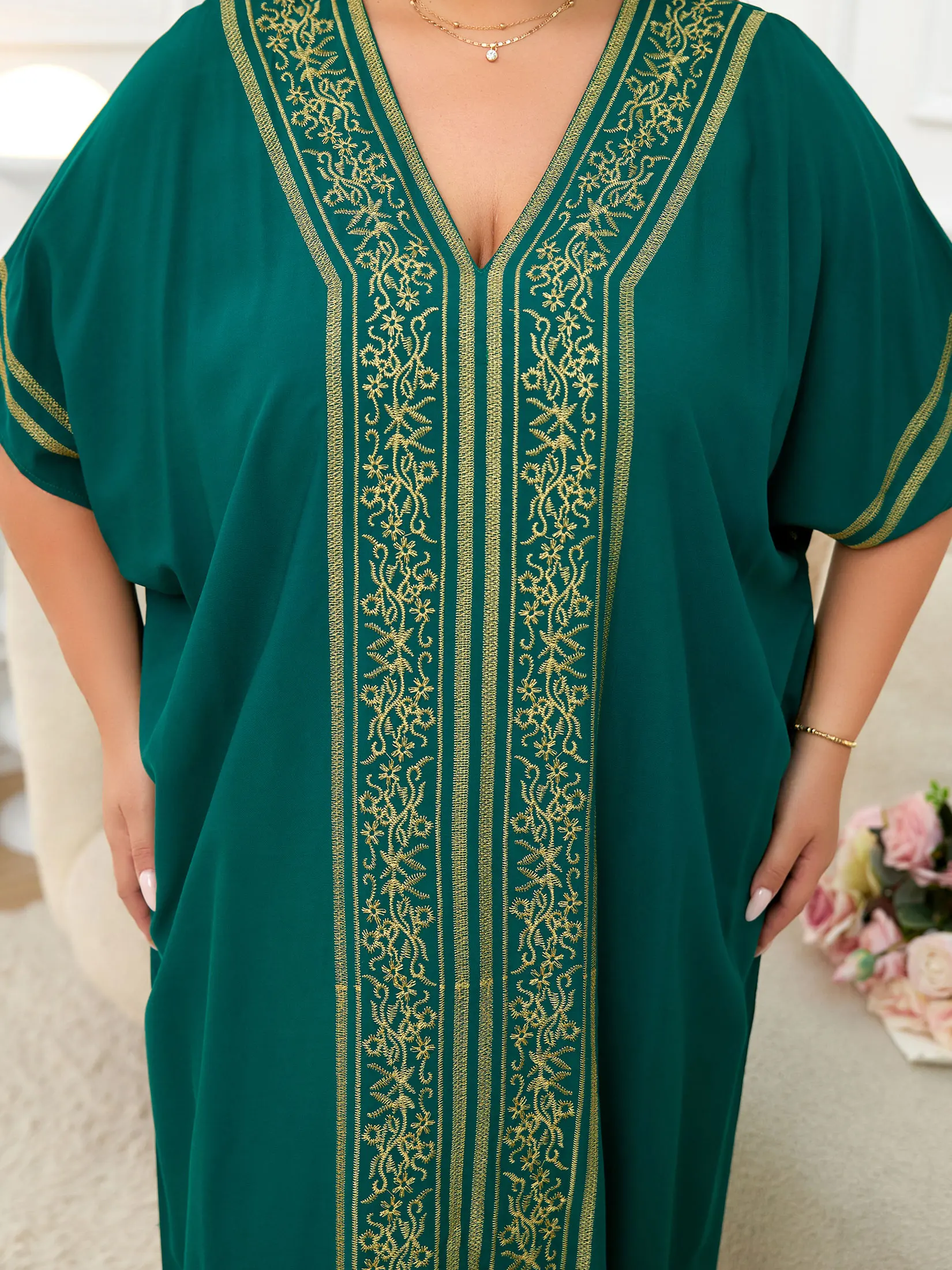 2024 Women Summer Plus Size Green Embroidery Printed Batwing Sleeve Kaftan Dress Beachwear Moo Moo Dresses Q1708