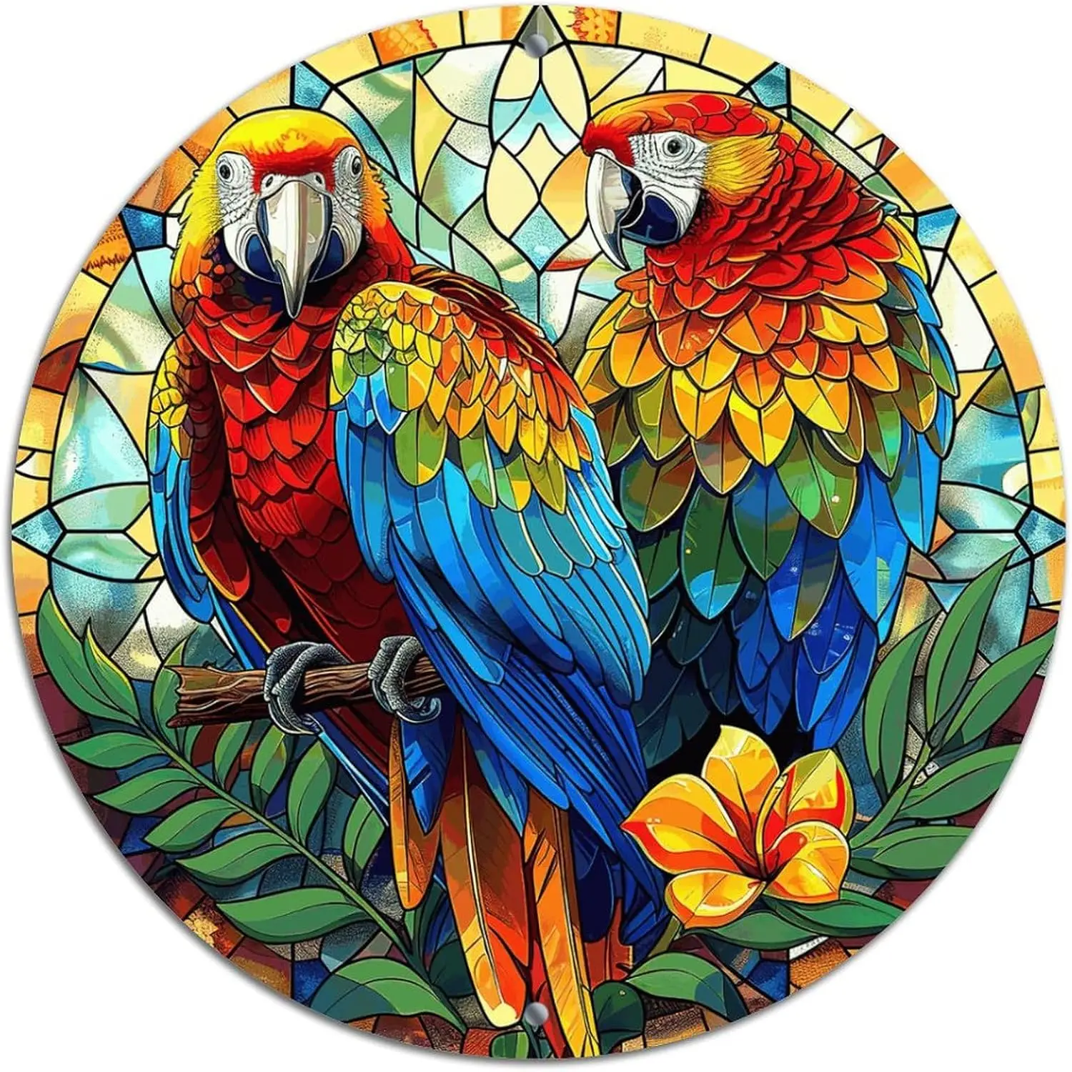 Lebhaftes Papageien-Metallblechschild – 20,3 x 20,3 cm große Wandkunst im Buntglas-Stil mit buntem Vogel und Blumenmuster für Veranda, Garten oder Schlafzimmerdekoration