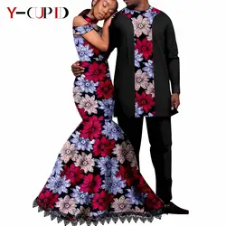 Dashiki African Couple Clothes Ankara Print Lace Long Mermaid Dresses for Women Matching Men Outfits Wedding Vestidos Y22C033