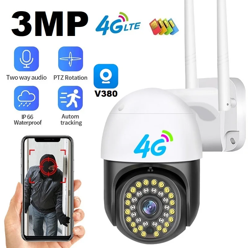 V380 3MP 4G Auto Tracking PTZ Camera 10X Zoom Outdoor 4G Sim Card IP Camera Home Security Two Way Audio Full Color Night Vision