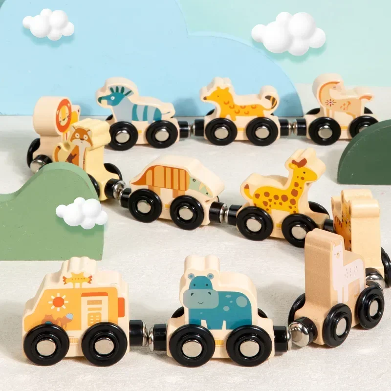 11PCS/Sets Magnetic Wooden Train Toys Car Numbers Animal Learning Cars Color Train Montessori Toys Sorting And Stacking Toys New