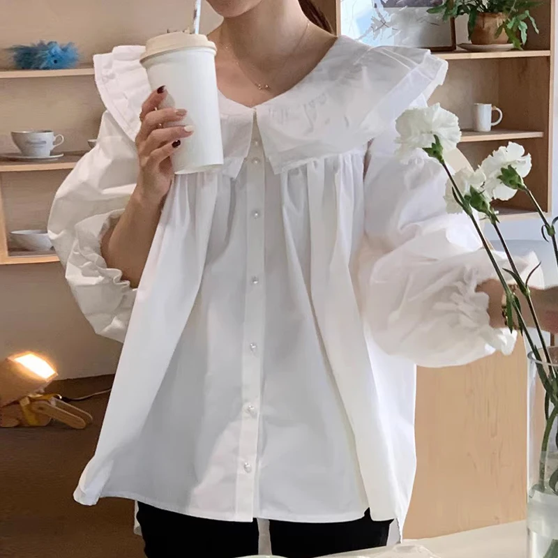 KUSAHIKI Korean Chic Autumn Sweet Double Peter Pan Collar Pearl Single Breasted Lantern Sleeve Shirt for Women Camisas De Mujer