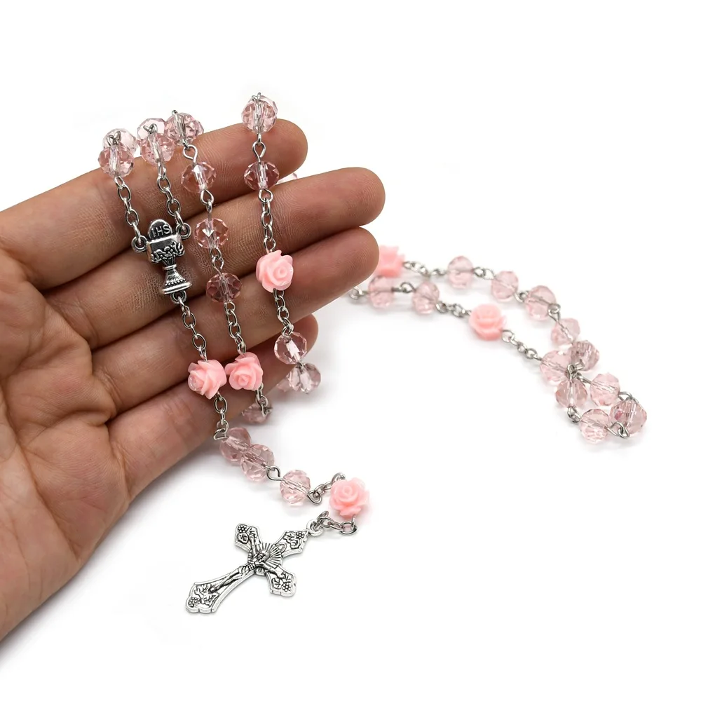 6*8mm Pink Rose Crystal Rosary Cross Pendant Necklace Catholic Jesus Christ Church Prayer Religious Jewelry Accessories Gift