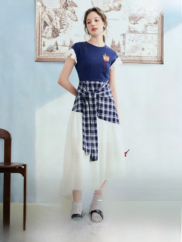 

Dance Summer 2026 Retro Plaid Cloth Patchwork Embroidered Dr Fake Two-Piece Midi Skirt ort Sve round Ne A-Lin...